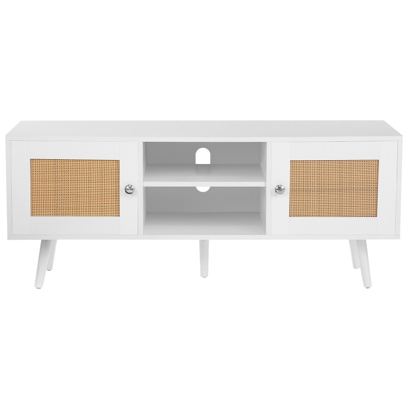 TV-taso rottinkinen ja puurunkoinen kolme tasoa säädettävä keskihylly valkoinen sopii 55-tuumaiselle