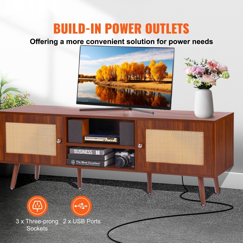 Rottinkipintainen pähkinävärinen TV-taso 65-tuumaiselle sisäänrakennetulla pistorasialla ja USB-porteilla