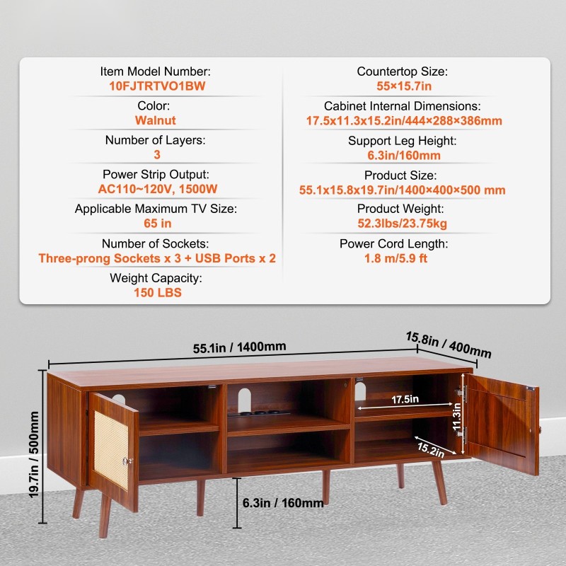 Rottinkipintainen pähkinävärinen TV-taso 65-tuumaiselle sisäänrakennetulla pistorasialla ja USB-porteilla