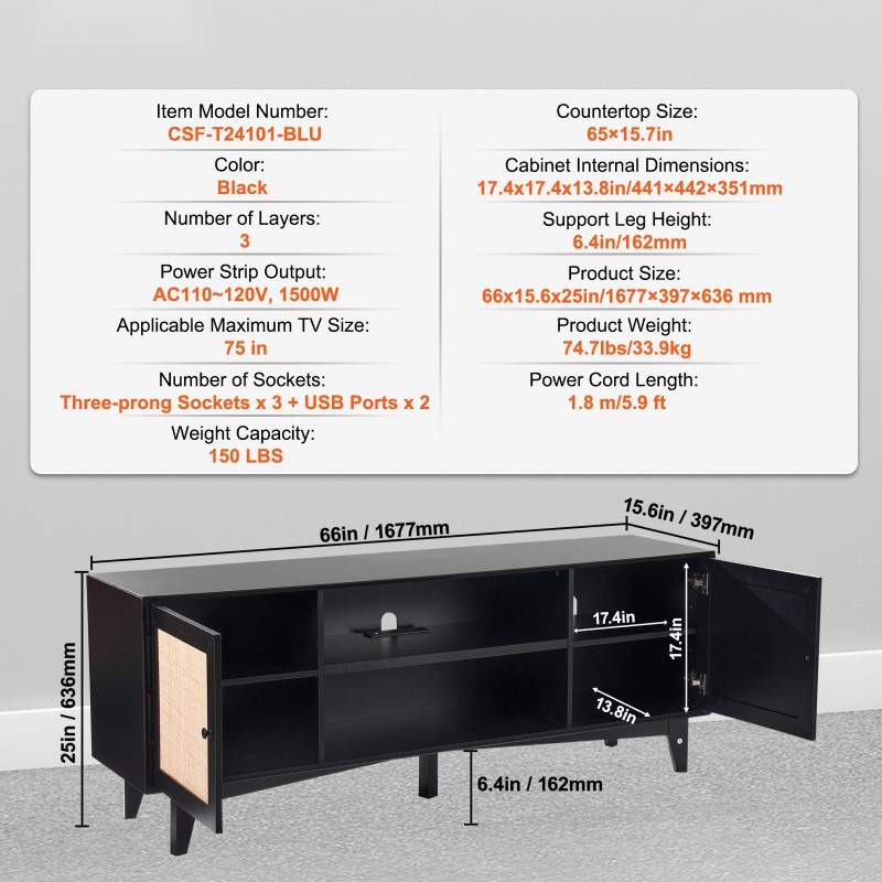 Rottinkinen TV-taso massiivipuurungolla musta 75 tuuman televisiolle sisäänrakennettu pistorasia ja USB-portit