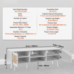 TV-taso rottinkia ja puuta sopii 65 tuumalle valkoinen integroidulla pistorasialla ja USB-liitännöillä