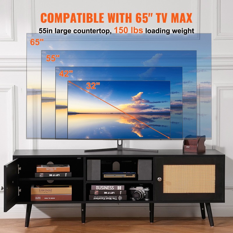 Rottinkinen TV-taso 65 tuuman televisiolle musta sisäänrakennetulla pistorasialla ja USB-liitännöillä