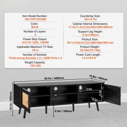 Rottinkinen TV-taso 65 tuuman televisiolle musta sisäänrakennetulla pistorasialla ja USB-liitännöillä