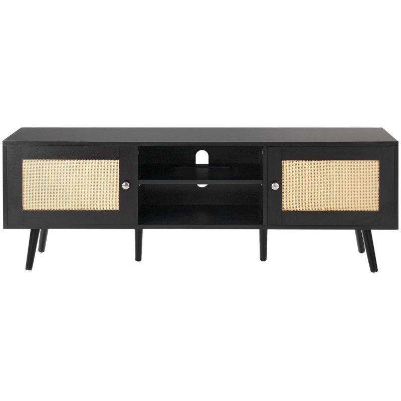 Rottinkinen TV-taso 65 tuuman televisiolle musta sisäänrakennetulla pistorasialla ja USB-liitännöillä