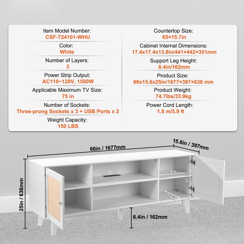 TV-taso rottinki ja massiivipuu 165 x 40 cm valkoinen integroidulla pistorasialla