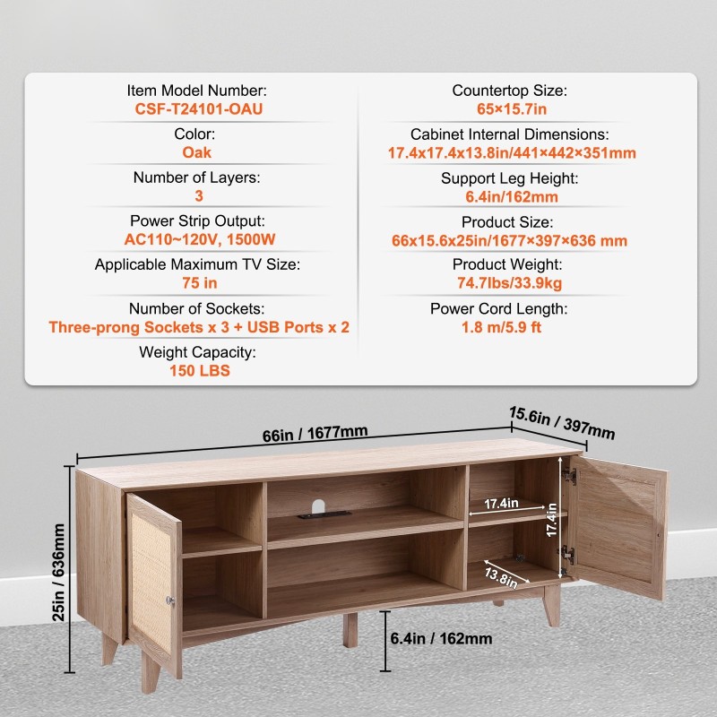 Televisiotaso rottinki ja puuviimeistelyllä 165 x 50 cm sopii 191 cm televisiolle