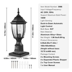 Ulkovalaisin pylvääseen 400 mm alumiiniseos lasikupu hämäräkytkin vedenkestävä E27-kanta