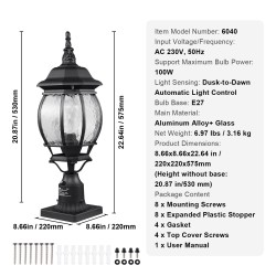 Pylväsvalaisimet 2 kpl alumiiniseos lasikupu 530 mm ulkokäyttöön hämäräkytkin
