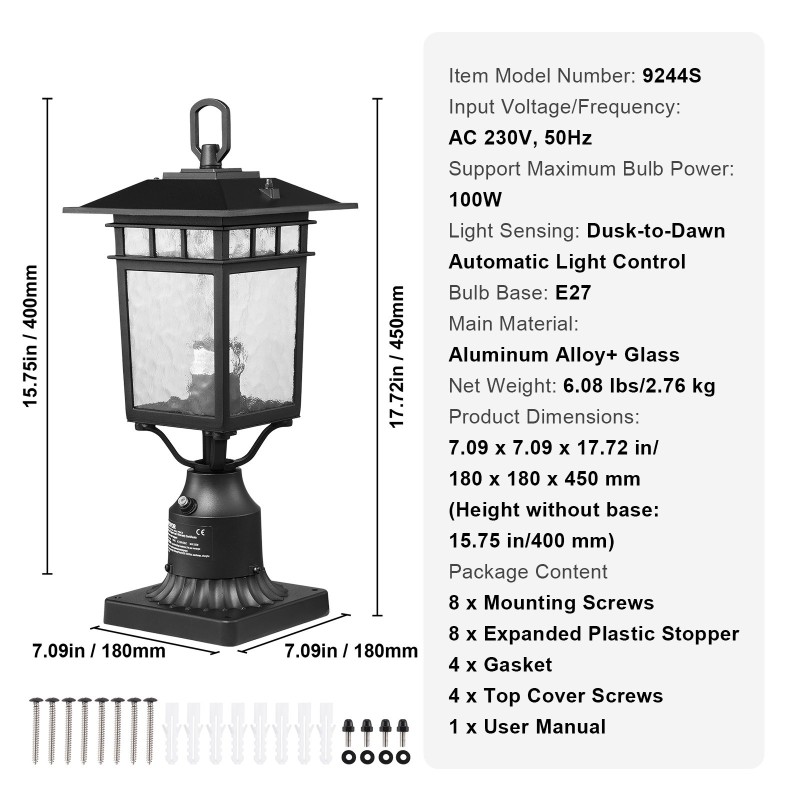 Ulkovalaisinpari pylvääseen alumiiniseos lasikupu 400 mm 2 kpl hämäräkytkin E27-kanta
