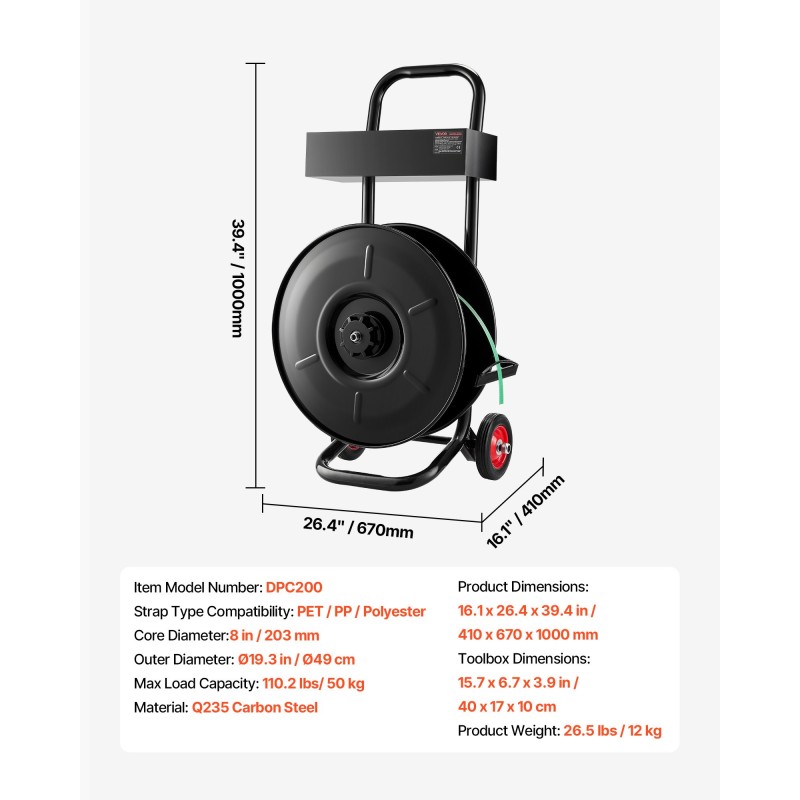 Hihnavetovaunu Q235-hiiliteräs 203 mm rullan sisähalkaisijalle PET PP polyesterinauhalle automaattisella jarrulla