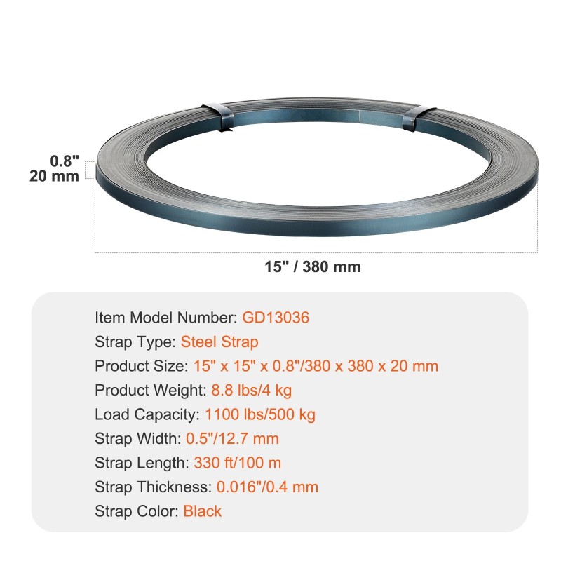 Teräsvannerulla 100 m 12,7 mm 0,4 mm 500 kg murtolujuus raskaaseen sidontaan