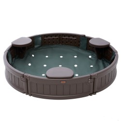 Pyöreä HDPE hiekkalaatikko 120 cm halkaisija 23 cm korkeus 3 kulmapenkkiä pohjakangas suojapeite