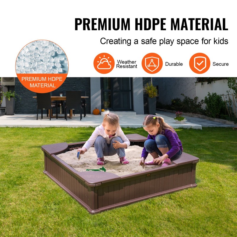Hiekkalaatikko HDPE-muovinen neliö 1235x1235x315 mm kulmaistuimilla suojapeitteellä pohjakankaalla