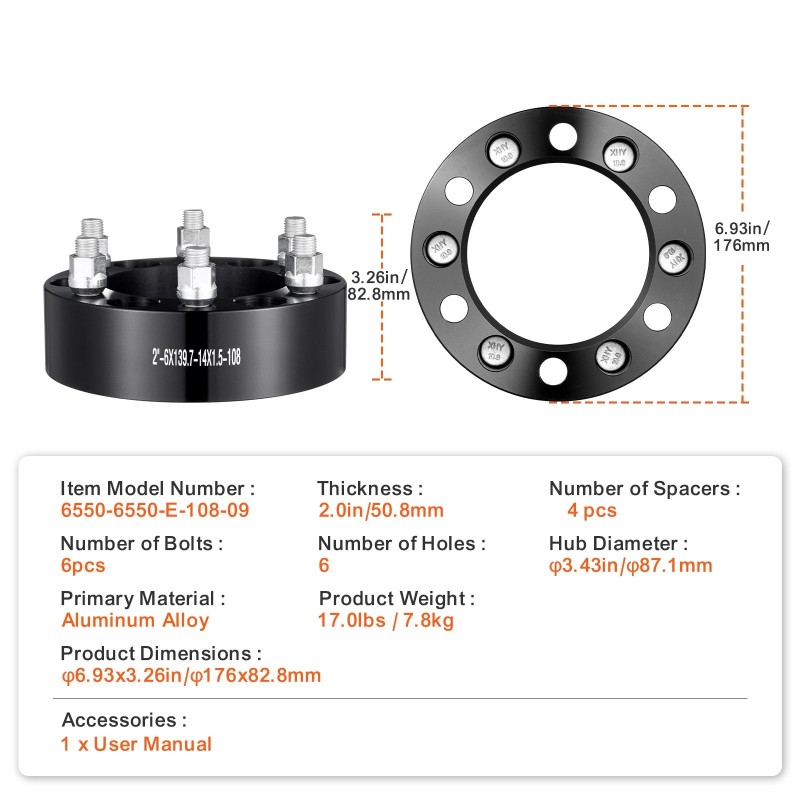 Vanteiden levikkeet alumiiniseoksesta 50,8 mm 6-pulttiset 108 mm keskireikä 4 kpl