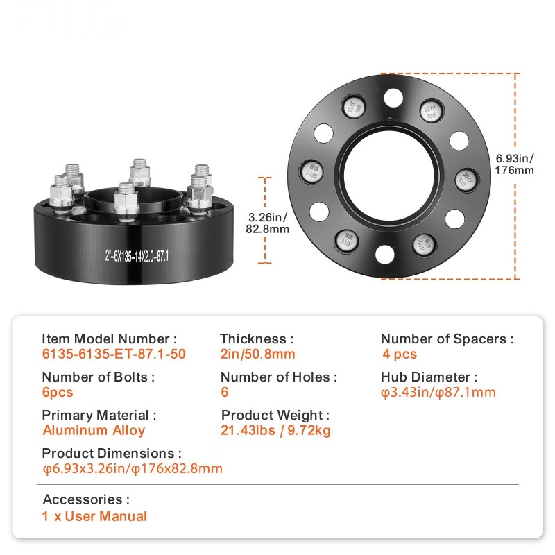 Pyörän spacerit alumiiniseos 50,8 mm paksuus 6-pulttiset 87,1 mm keskiö 4 kpl