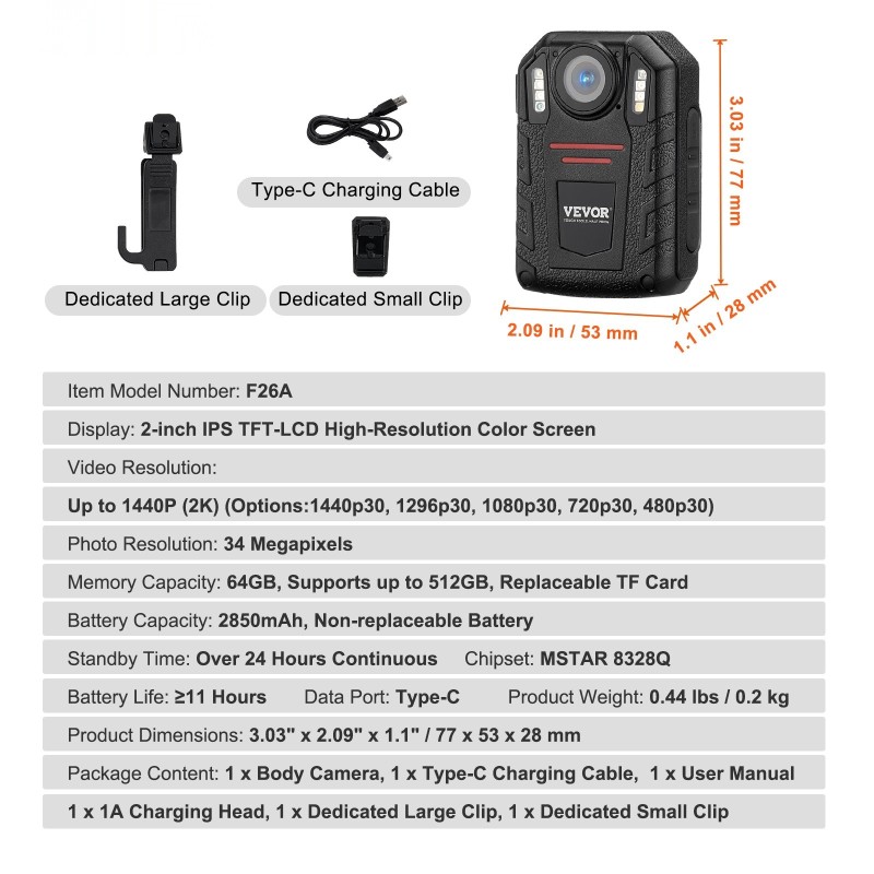 Poliisi ja vartijakamera 1440P 34 megapikseliä 150 asteen laajakulma 64GB 2850mAh