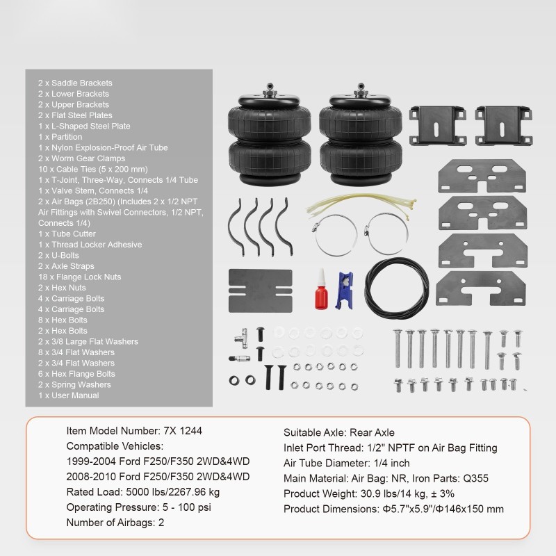 Ilmajousitussarja taka-akselille sopii F250 F350 1999-2004 2008-2010 2 ilmapussia 2268 kg kantavuus
