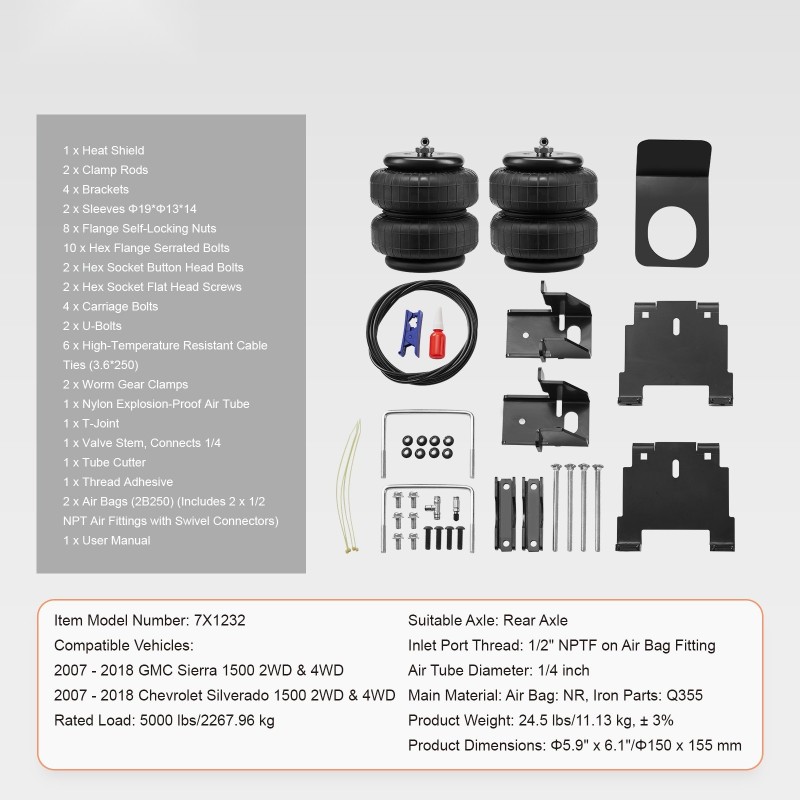 Ilmajousisarja taka-akselille NR ilmapussit 2 kpl 5–100 psi 2007–2018 Silverado/Sierra 1500