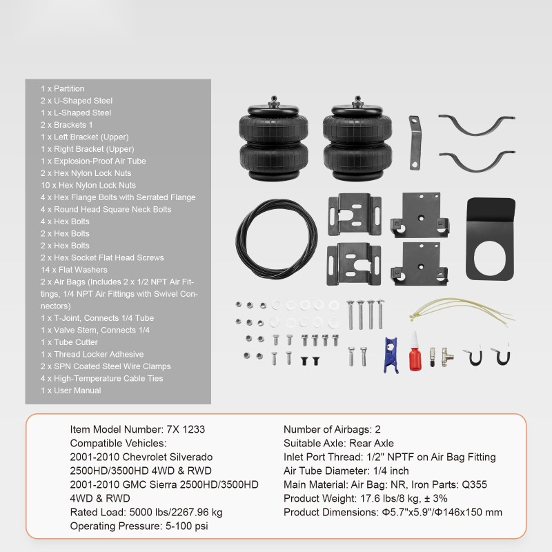 Ilmajousisarja takapäähän NR-ilmapussit 2001–2010 Silverado/Sierra 2500/3500HD 2268 kg