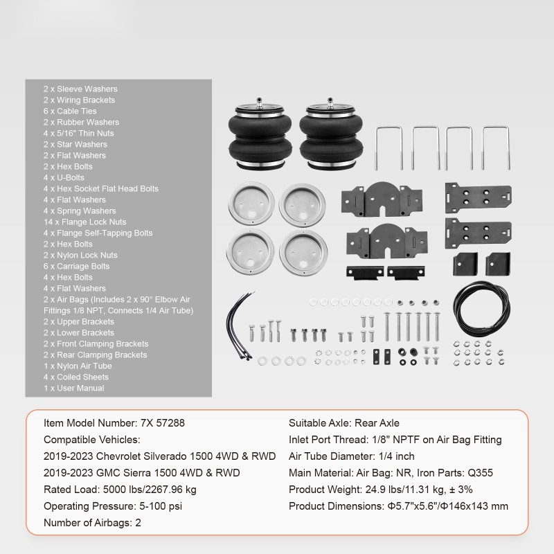 Ilmajousisarja taka-akselille kumiset ilmapussit 2 kpl 5–100 psi Silverado 2019–2023