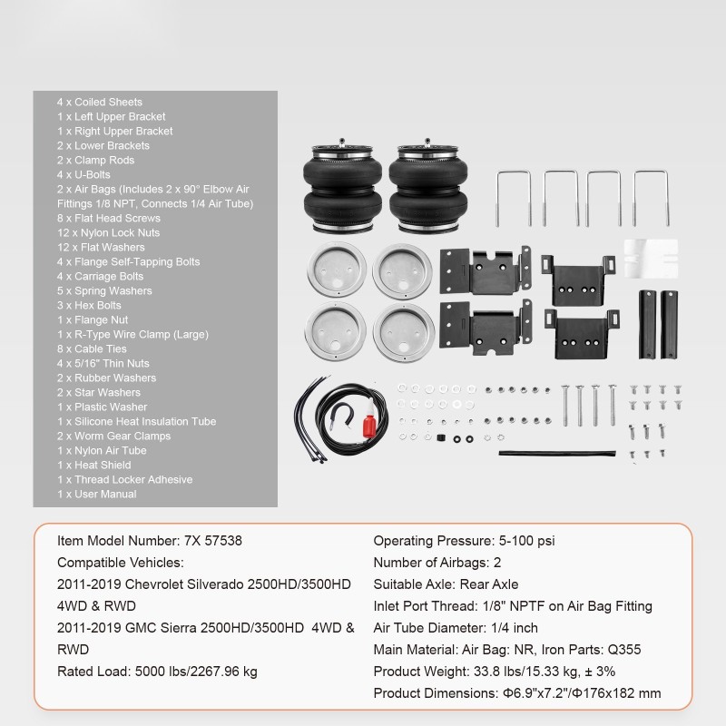 Ilmajousisarja taka-akselille NR-ilmapussit 2268 kg kantavuus sopii 2011–2019 2500 ja 3500HD-malleihin