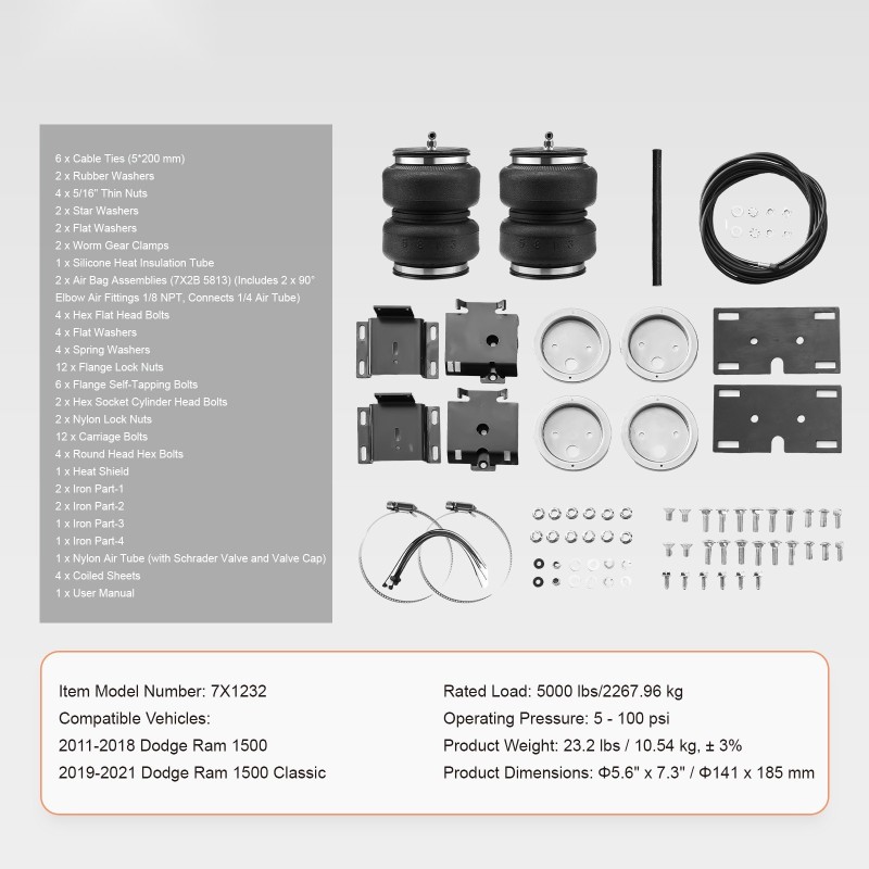 Ilmajousituspaketti NR-ilmapusseilla 2 kpl 5–100 PSI 5000 lbs Dodge Ram 1500 yhteensopiva
