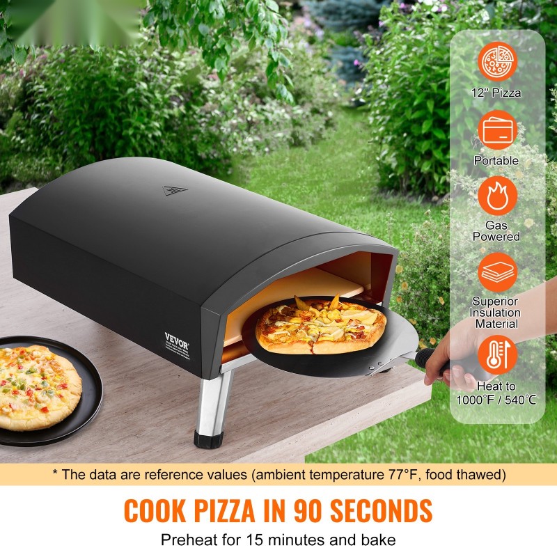 Kaasukäyttöinen ulkopizzauuni 12-tuumaisille pizzoille paksulla kordieriittikivellä taittuvilla jaloilla vedenpitävällä