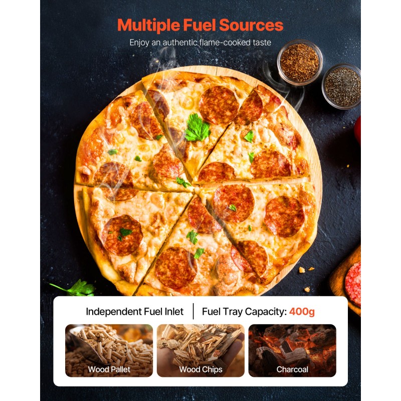 Pizzauuni ulkokäyttöön 12 tuumaa pelletillä ja puulla ruostumatonta terästä sisäänrakennetulla lämpömittarilla