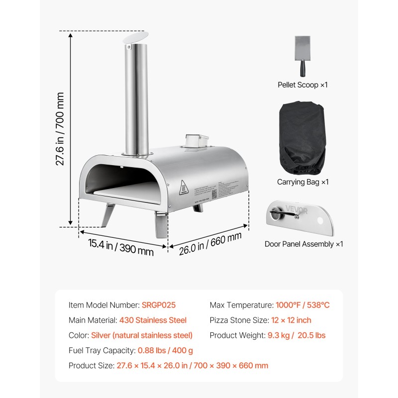 Pizzauuni ulkokäyttöön 12 tuumaa pelletillä ja puulla ruostumatonta terästä sisäänrakennetulla lämpömittarilla