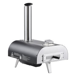 Ulkopizzauuni puu ja pellettikäyttöinen 12 tuuman pizzakivellä sähköpyörivä musta ruiskumaalattu rauta