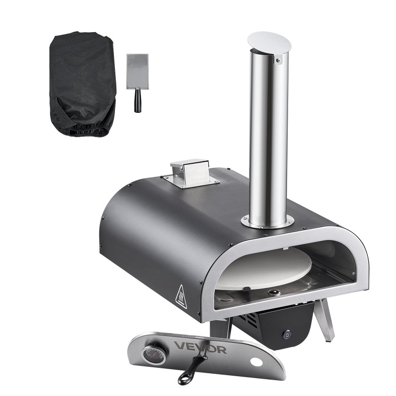 Ulkopizzauuni puu- ja pellettikäyttöinen 12 tuuman pizzakivellä sähköpyörivä musta ruiskumaalattu rauta