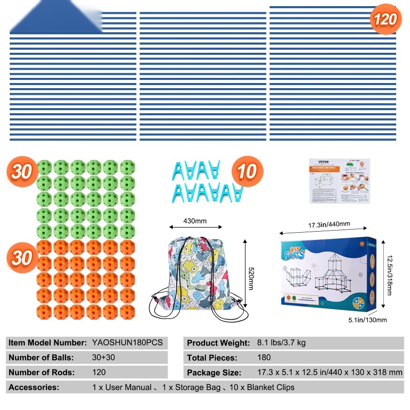 Rakennussarja lapsille 180 osaa 120 tankoa 60 palloa turvallinen materiaali