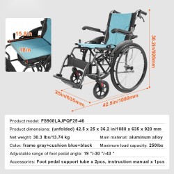 Pyörätuoli alumiiniseos kokoontaitettava 18-tuumainen istuin 113,4 kg kantavuus kääntyvät pöytäkäsinojat 3-asentoiset jalkatuet