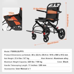 Kuljetuspyörätuoli alumiinirunkoinen taittuva 45,7 cm istuinleveys 100 kg kantavuus
