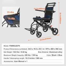 Kuljetuspyörätuoli alumiiniseosrunko taittuva 40 cm istuinleveys 99,8 kg