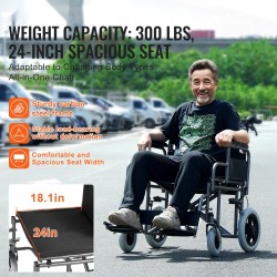 Taittuva hiiliteräksinen siirtymispyörätuoli musta aikuisille noin 61 cm istuinleveys 136 kg kantavuus