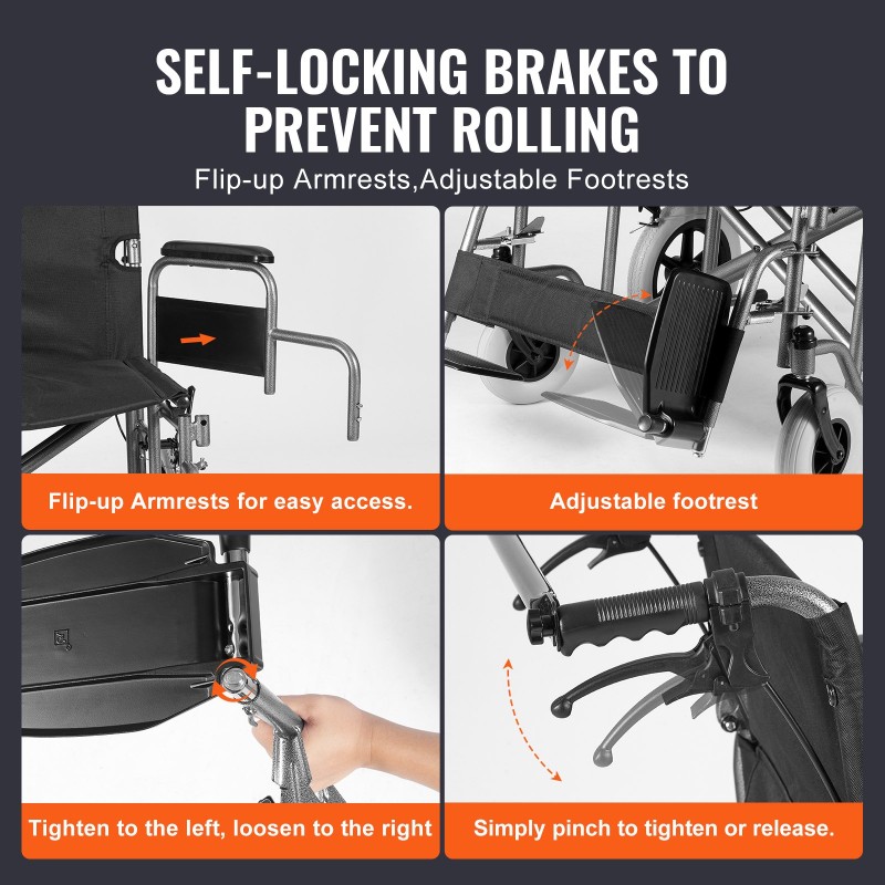 Taittuva hiiliteräksinen siirtymispyörätuoli musta aikuisille noin 61 cm istuinleveys 136 kg kantavuus