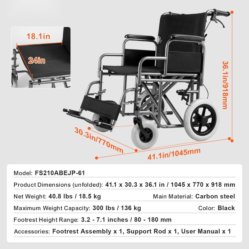 Taittuva hiiliteräksinen siirtymispyörätuoli musta aikuisille noin 61 cm istuinleveys 136 kg kantavuus