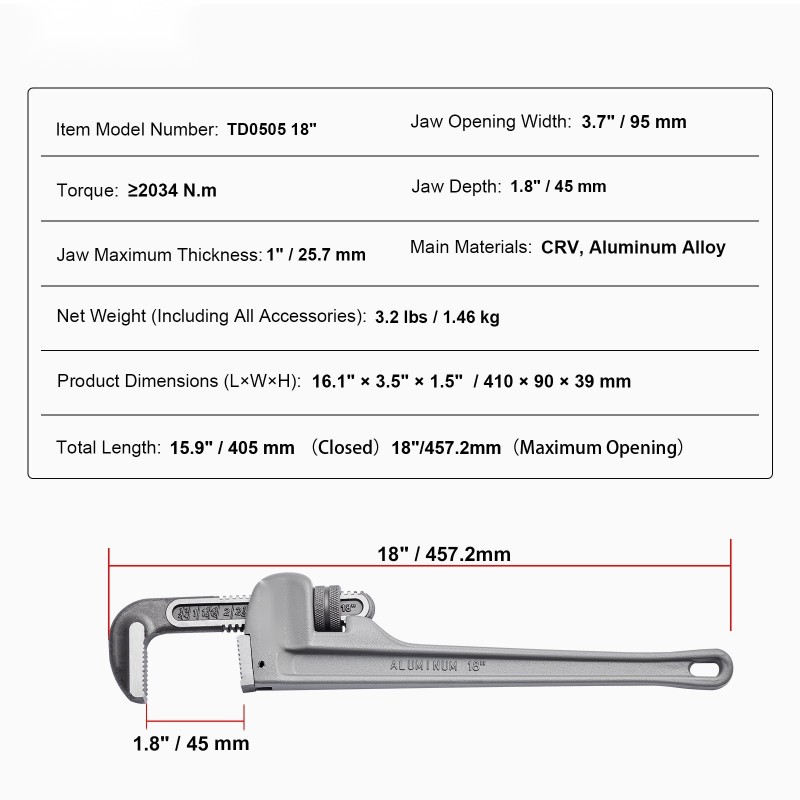 Putkiavain 18-tuumainen alumiiniseos säädettävällä kromi-vanadiiniteräsleukalla ja H-muotoisella kahvalla