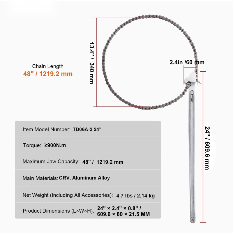 Ketjuputkiavain CRV-teräs alumiiniseos 48-tuumainen 13,4 tuuman halkaisijakapasiteetti putkiasennuksiin