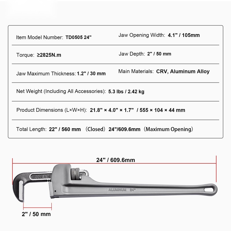 24-tuumainen alumiininen putkiavain säädettävällä leukamekanismilla ergonomisella H-kahvalla ripustettava