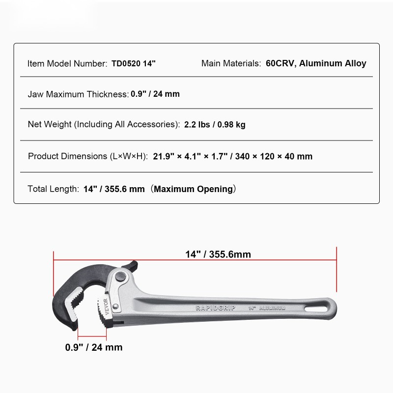 Putkiavain alumiinirunkoinen 14 tuumaa automaattisesti säätyvät leuat 17–48 mm