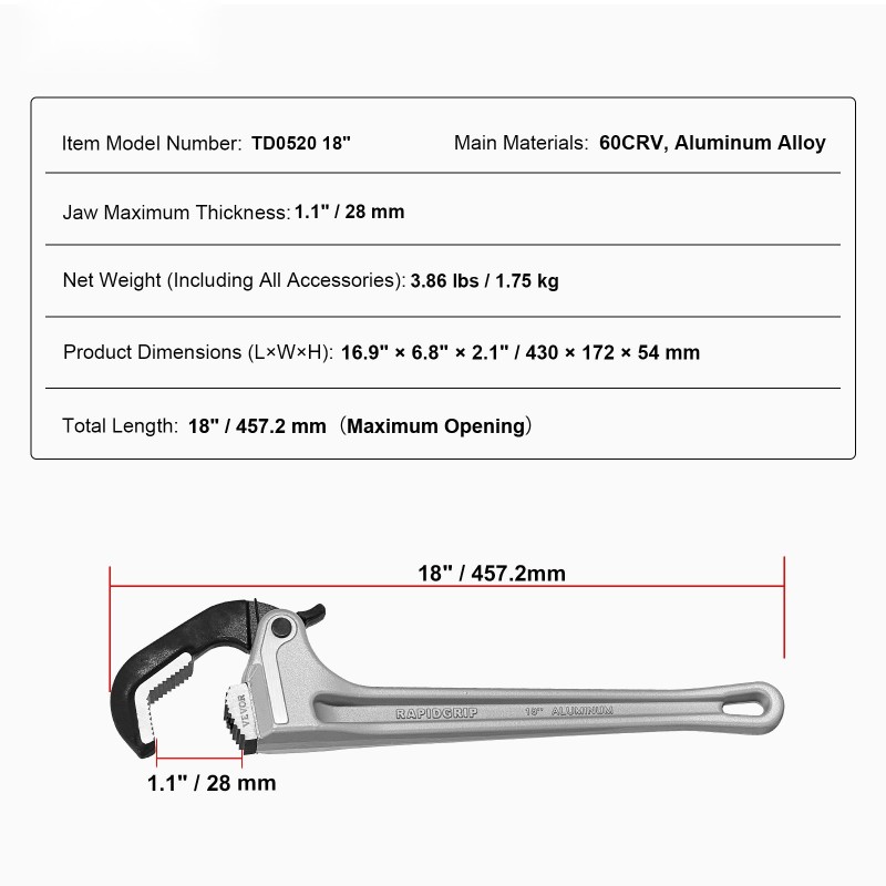 Suora 18-tuumainen putkiavain alumiinirunkoinen automaattisesti säätyvällä leukalla ergonomisella H-kahvalla