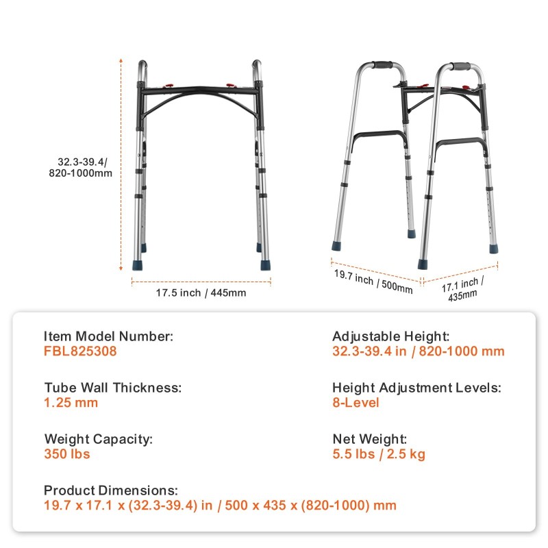Taittuva kävelyteline alumiinirunko 8-tasoinen 820–1000 mm 350 paunaa