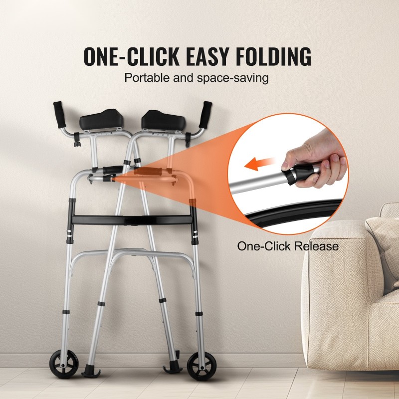 Taitettava korkeussäädettävä kevyt alumiinikävelyteline irrotettavilla käsituilla ja etupyörillä kantavuus 204 kg