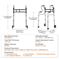 Taitettava alumiininen kävelyteline etupyörillä säädettävä korkeus 790–965 millimetriä kantavuus noin 204 kiloa