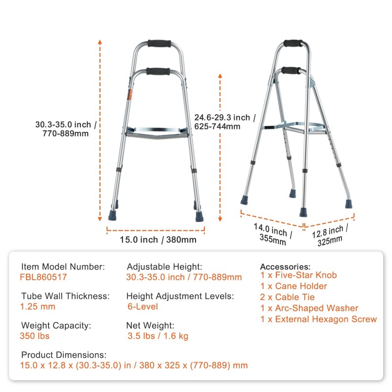 Taittuva alumiinirunkoinen hemi-kävelyteline sivulta käytettävä 6-portainen 770–889 mm kantavuus 159 kg