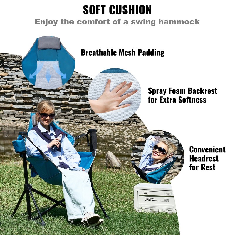 Seosterunkoinen retkituoli 600D kangas säädettävällä selkänojalla pehmustettu niskatuki 136 kg kantavuus