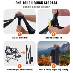 Säädettävä retkituoli musta seosteräsrunko 600D kestävä kangas hengittävä verkkotoppaus 136 kg kantavuus