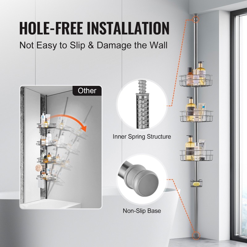Säädettävä jännitetanko suihkuun kulmahylly kolmella hyllyllä ruostumaton teräs 39–125 tuumaa